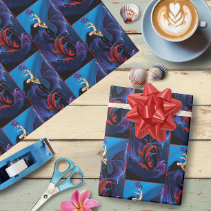 Papel De Presente Dragões Góticos Azuis Sereia Fantasia Roxo