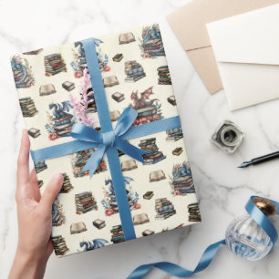 Papel De Presente Dragões Mágicos & Livros em Amarelo Claro