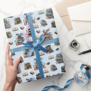 Papel De Presente Dragões Mágicos & Livros em Azul Claro