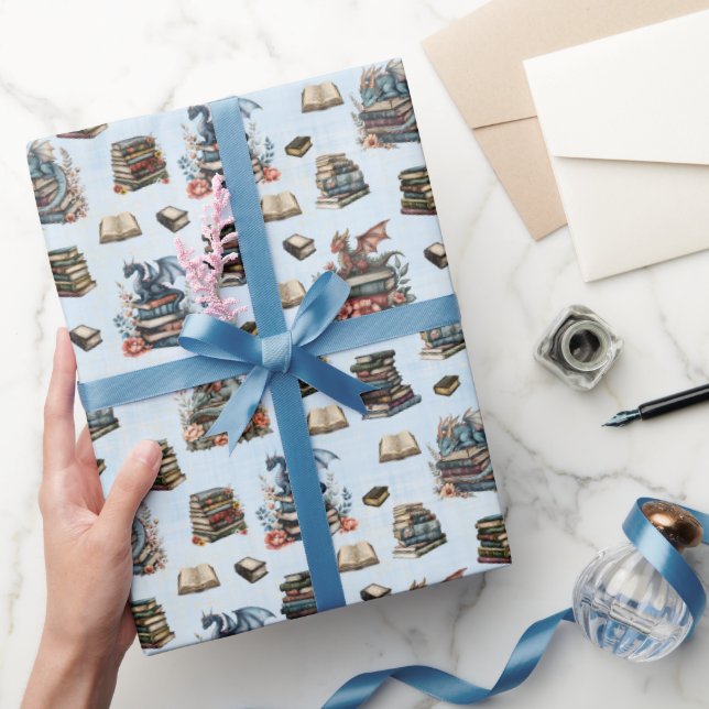 Papel De Presente Dragões Mágicos & Livros em Azul Claro (Presentear)