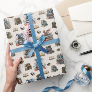 Papel De Presente Dragões Mágicos & Livros em Bege