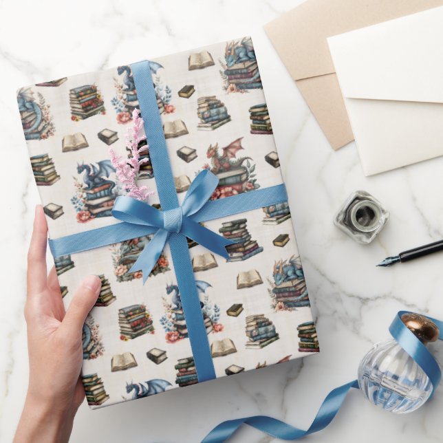 Papel De Presente Dragões Mágicos & Livros em Bege (Presentear)