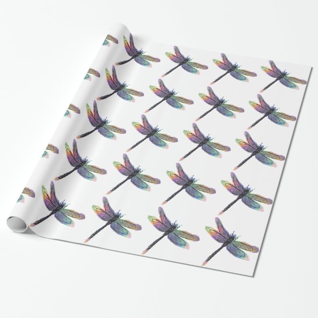 Papel De Presente Dragonfly Desenhada À Mão Com Arco-Íris (Desenrolado)
