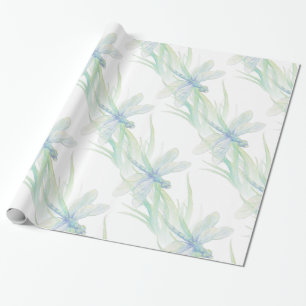 Papel De Presente Dragonfly em Blues Suaves e Arte Verde