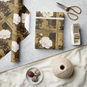 Papel De Presente Dragonfly Em Vintage, Dourada Penônio Botânico