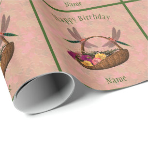 Papel De Presente Dragonfly Flower Basket Art Personalizado Aniversá