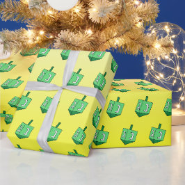 Papel De Presente Dreidel Verde em Hanukkah Amarelo