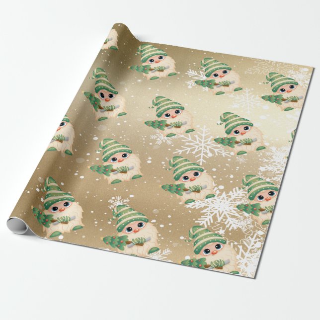 Papel De Presente Duende Nórdico Flocos de Neve Dourado Feriado (Desenrolado)