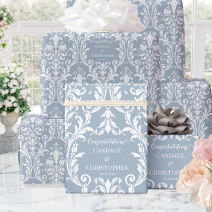Papel De Presente Dusty Blue Damask Adicionar Nome e Parabéns