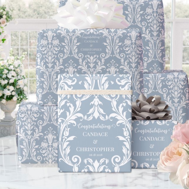 Papel De Presente Dusty Blue Damask Adicionar Nome e Parabéns (Criador carregado)