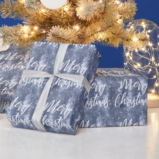 Papel De Presente Dusty Blue Floral Glitter Feliz Natal (Feriados)