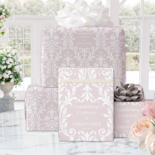 Papel De Presente Dusty Rosa White Damask Adicionar nome e Parabéns