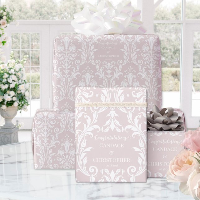 Papel De Presente Dusty Rosa White Damask Adicionar nome e Parabéns (Criador carregado)