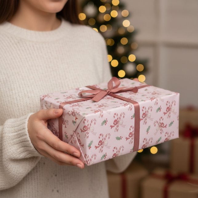 Papel De Presente Dusty Rose Pink Candy Cane Coquette Bows Christmas (Criador carregado)