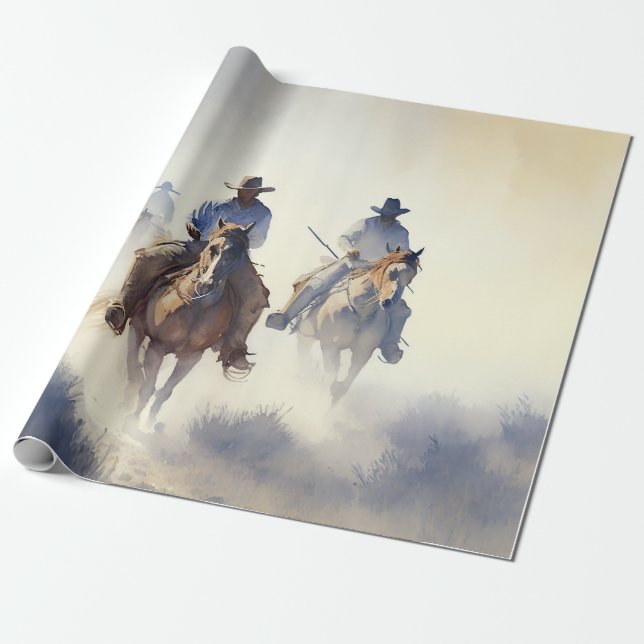 Papel De Presente Dusty Western Watercolor "Posse - The Chase" (Desenrolado)