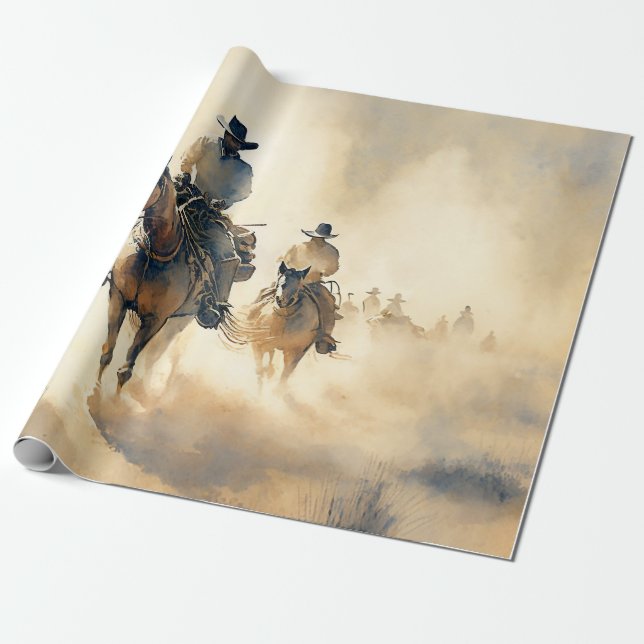 Papel De Presente Dusty Western Watercolor "Riders in Dawn" (Desenrolado)