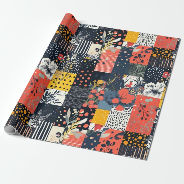 Papel De Presente Eclético Patchwork Botânico Ousado com Pontos (Desenrolado)