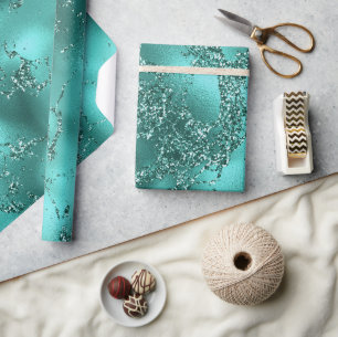 Papel De Presente Efeito Mármore Brilho e Glitter Azul Turquesa Eleg