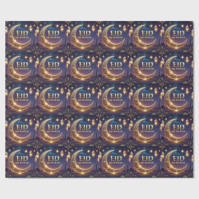 Papel De Presente Eid Mubarak celebração islâmica Dourado e azul-mar (Aberto)