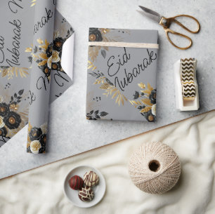 Papel De Presente Eid Mubarak - cinza Floral Black Dourada
