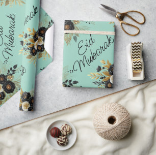 Papel De Presente Eid Mubarak Floral Black Dourado Teto