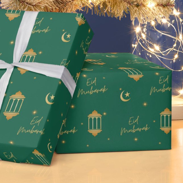 Papel De Presente Eid Mubarak Green + Lanternas Elegantes Douradas + (Modern, elegant "Eid Mubarak" wrapping paper in emerald green + gold, with lanterns, moon + stars.)