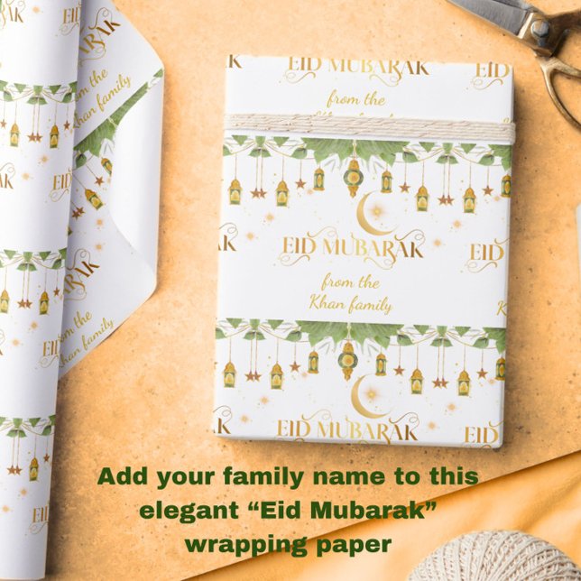 Papel De Presente Eid Mubarak Nome Personalizado Lanternas Brancas D (Personalize this elegant white + gold "Eid Mubarak" wrapping paper with your family name!)