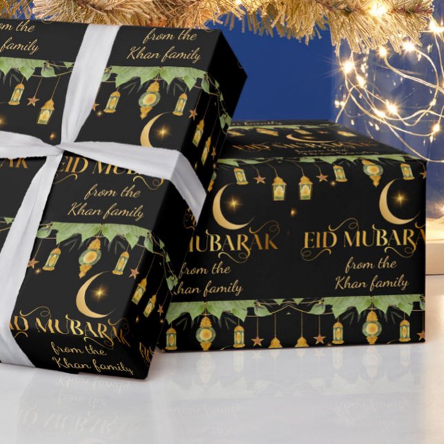Papel De Presente Eid Mubarak Nome Personalizado Lanternas Pretas Do (Elegant, modern "Eid Mubarak" black + gold wrapping paper. Customize with your family name!)