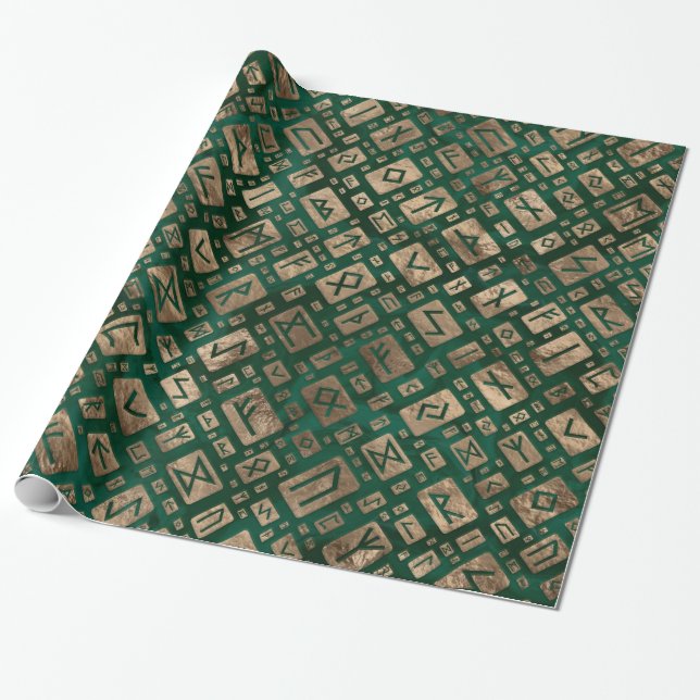 Papel De Presente Elder Runts - Padrão Futhark Dourado no Malachite  (Desenrolado)