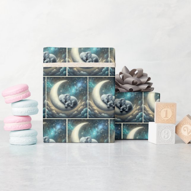 Papel De Presente Elefante Bebê Dormindo Na Lua Crescente (Chá de bebê)