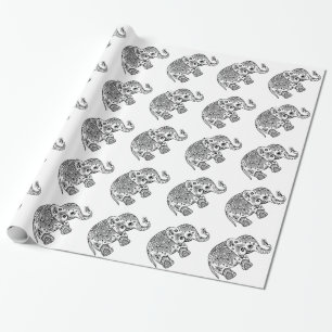 Papel De Presente Elefante Bonito De Paisley A Branco E Preto