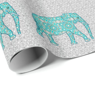 Papel De Presente Elefante de flor de Mandala - turquesa, cinza e br