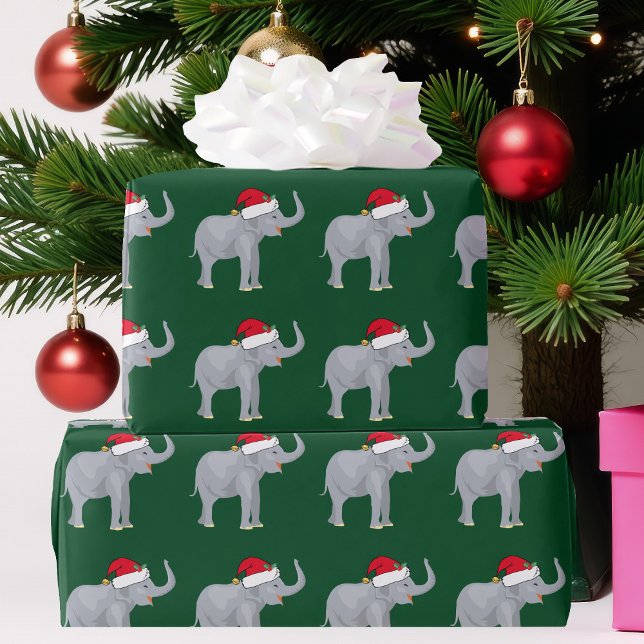 Papel De Presente Elefante de Natal giro no feriado verde de Santa H (Criador carregado)