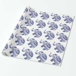 Papel De Presente Elefante floral bonito no branco e nos azuis