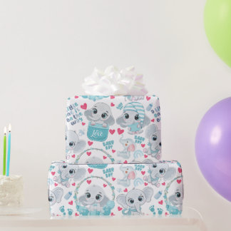 Papel De Presente Elefante Menino Bebê Bonito Azul Chá de Bebê Batis