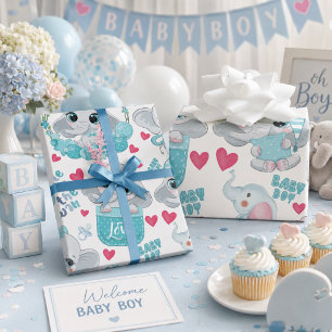 Papel De Presente Elefante Menino Bebê Bonito Azul Chá de Bebê Batis