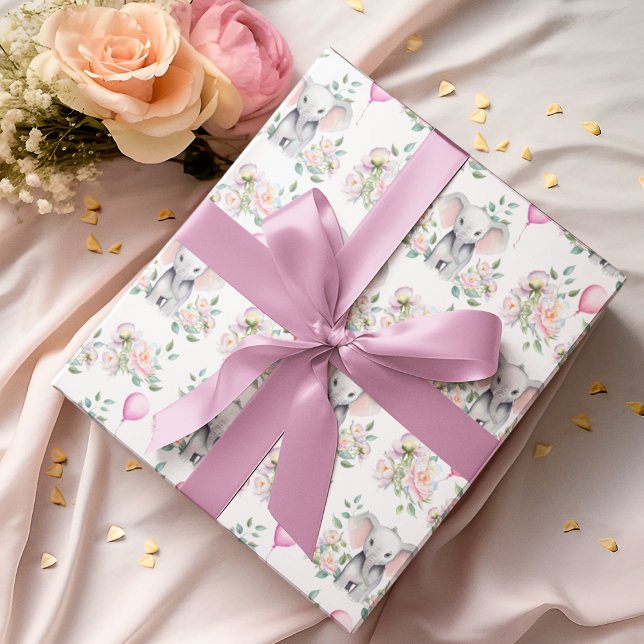Papel De Presente Elefante Para Bebês Com Peões E Chá de fraldas De  (Wrap your baby shower gifts or party favors with this adorable baby shower Elephant with peonies!)