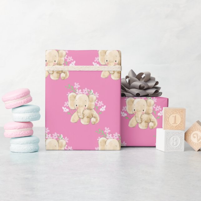 Papel De Presente Elefante Para Bebês Em Flores (Chá de bebê)