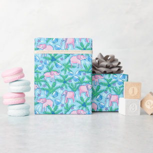 Papel De Presente Elefante Rosa Tropical Floral Chique