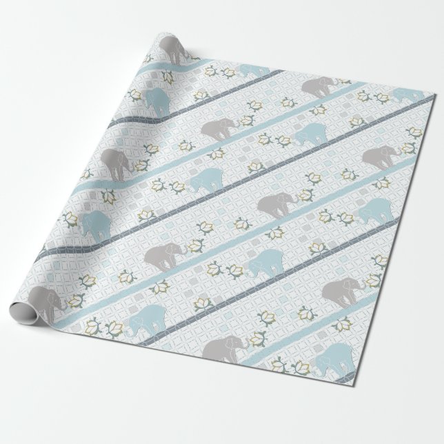 Papel De Presente Elefante Safari - Faixa Azul e Cinza | CHÁ DE FRAL (Desenrolado)