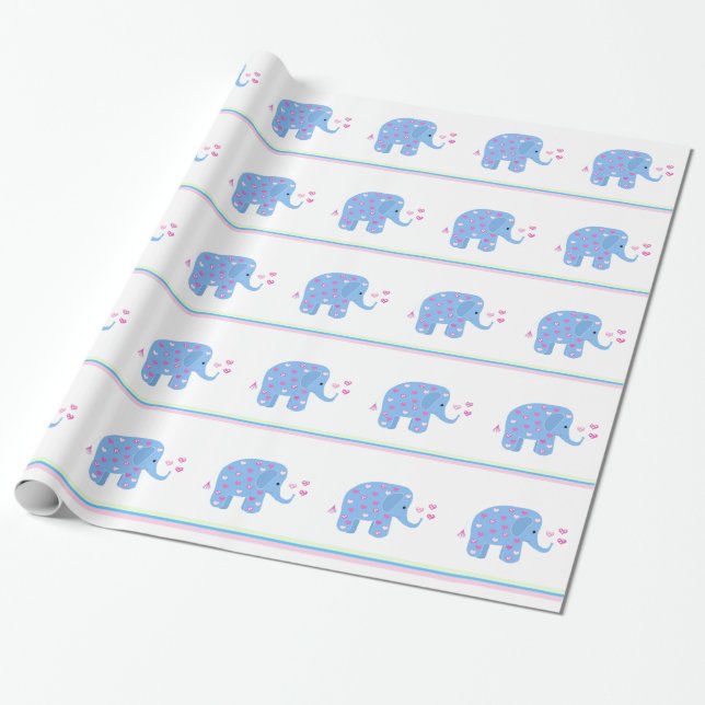 Papel De Presente Elefantes Azuis com Corações e Listras (Desenrolado)