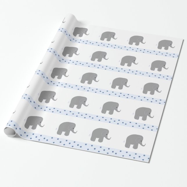 Papel De Presente Elefantes Cinzas com uma Borda de Estrelas (Desenrolado)