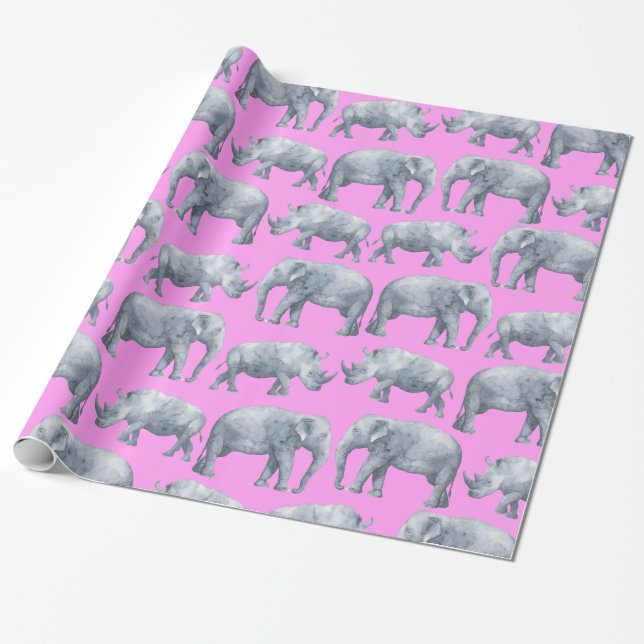 Papel De Presente Elefantes de Cinza rosa e Padrão de Aquarela de Rh (Desenrolado)