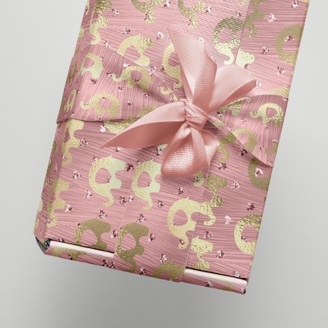 Papel De Presente Elefantes Metalli Corações Douradas Rosa Rosa Rosa (Elephants Metalli Hearts Gold Pink Rose Baby Girl Wrapping Paper)