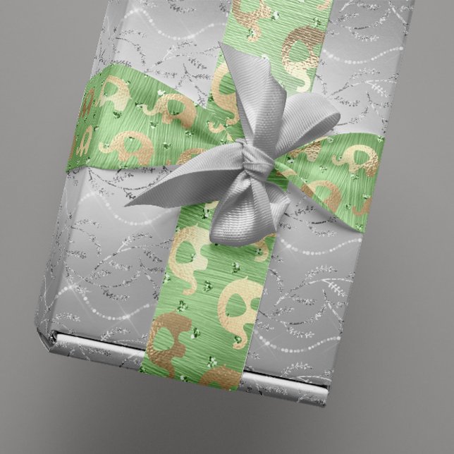 Papel De Presente Elefantes Metalli Corações Dourados Menino Menino  (Elephants Metalli Hearts Gold Mint Baby Boy Girl Wrapping Paper)