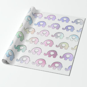 Papel De Presente Elefantes Pastel Holograma Iridescente Branco Rosa