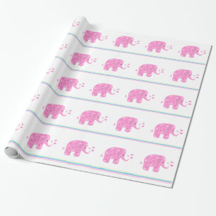 Papel De Presente Elefantes Rosa com Corações e Listras