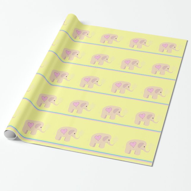Papel De Presente Elefantes Rosa com Corações e Listras (Desenrolado)