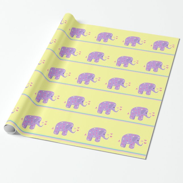 Papel De Presente Elefantes Roxos com Corações e Listras (Desenrolado)