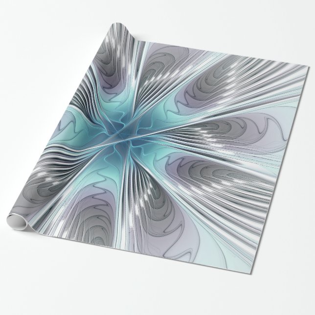 Papel De Presente Elegance Modern Blue Cinza White Fractal Art Flowe (Desenrolado)